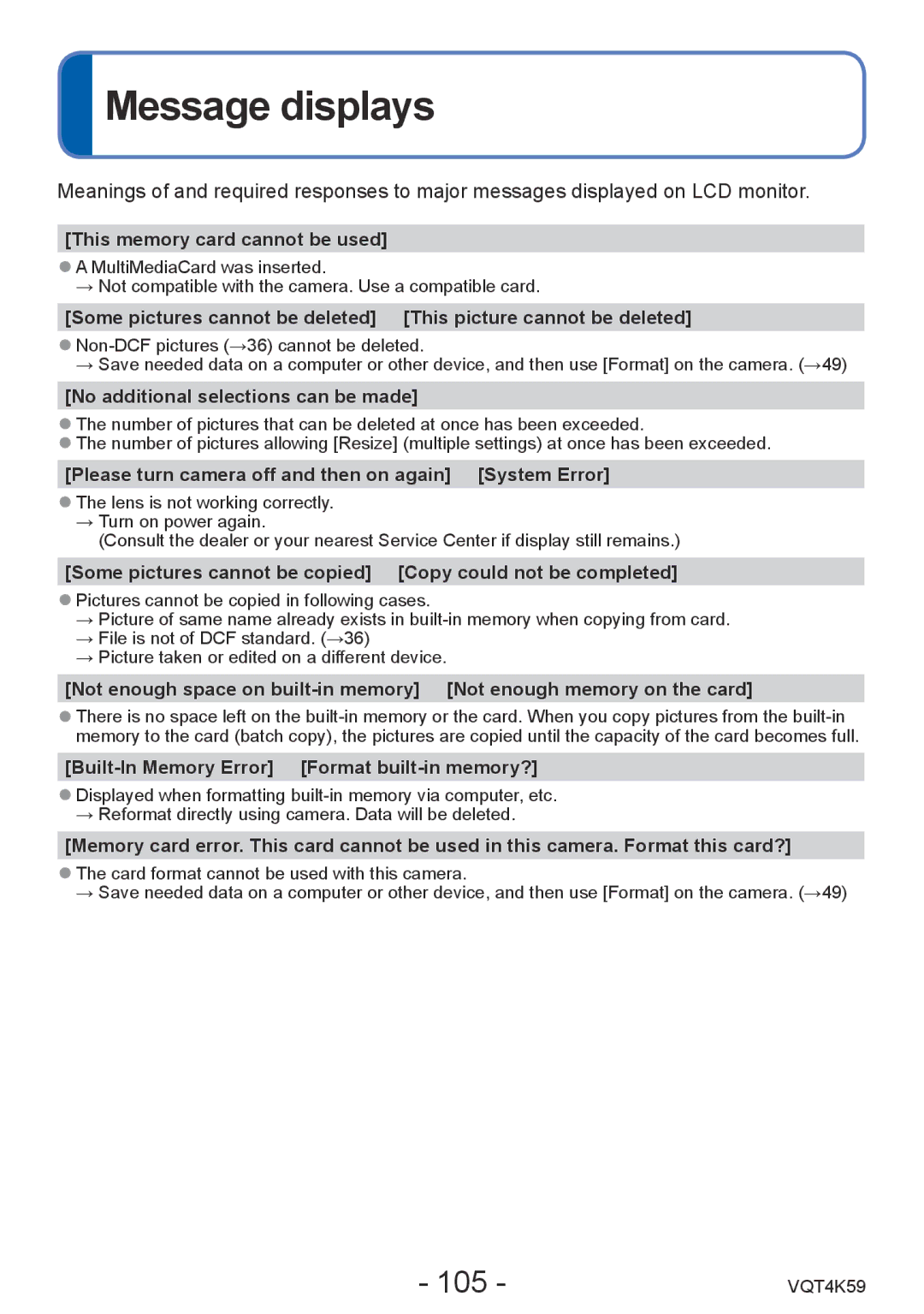 Panasonic DMC-LZ20 owner manual Message displays, 105 