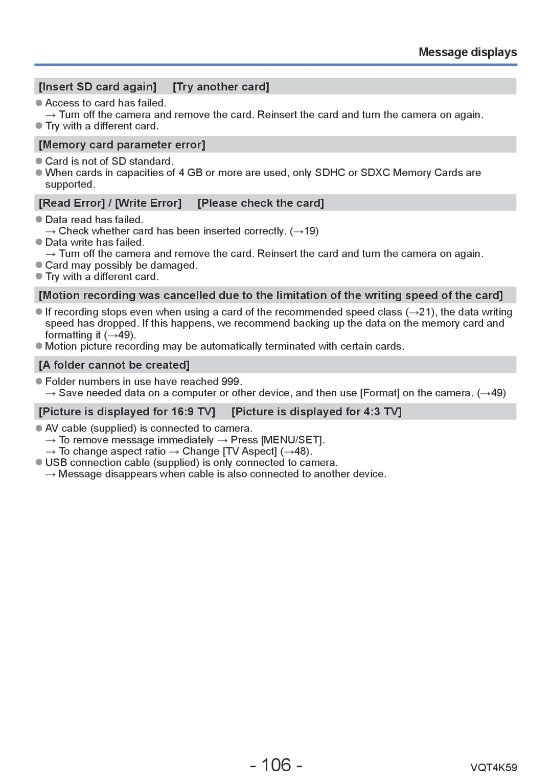 Panasonic DMC-LZ20 owner manual 106, Message displays 