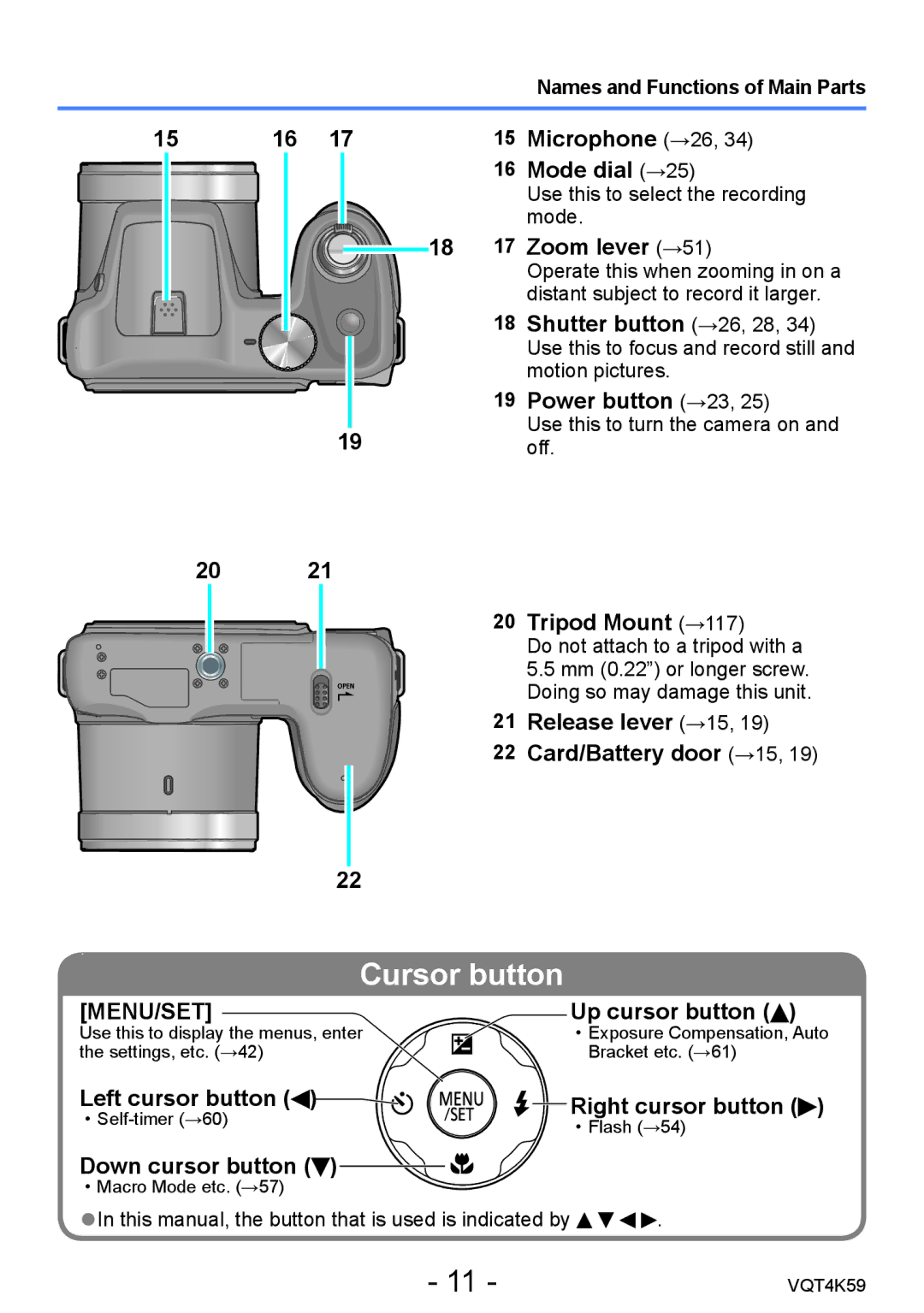 Panasonic DMC-LZ20 owner manual Microphone →26, Mode dial →25, Zoom lever →51, Shutter button →26, 28, Power button →23 