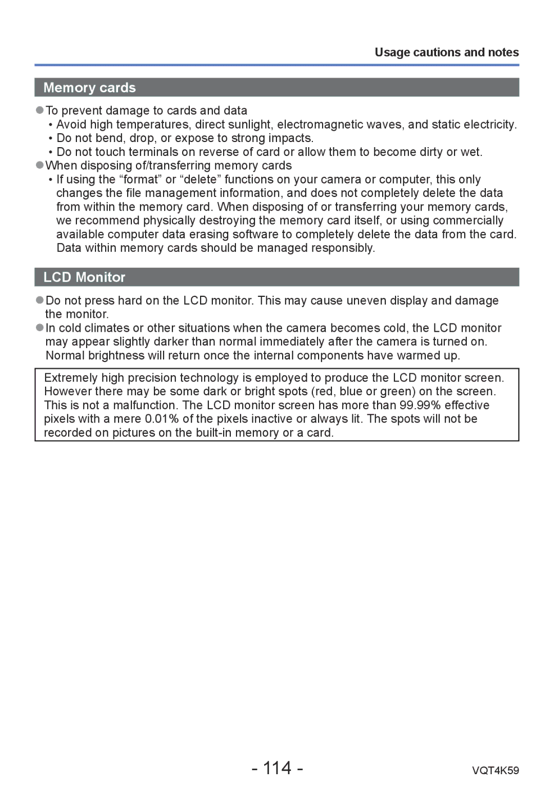 Panasonic DMC-LZ20 owner manual 114, Usage cautions and notes 