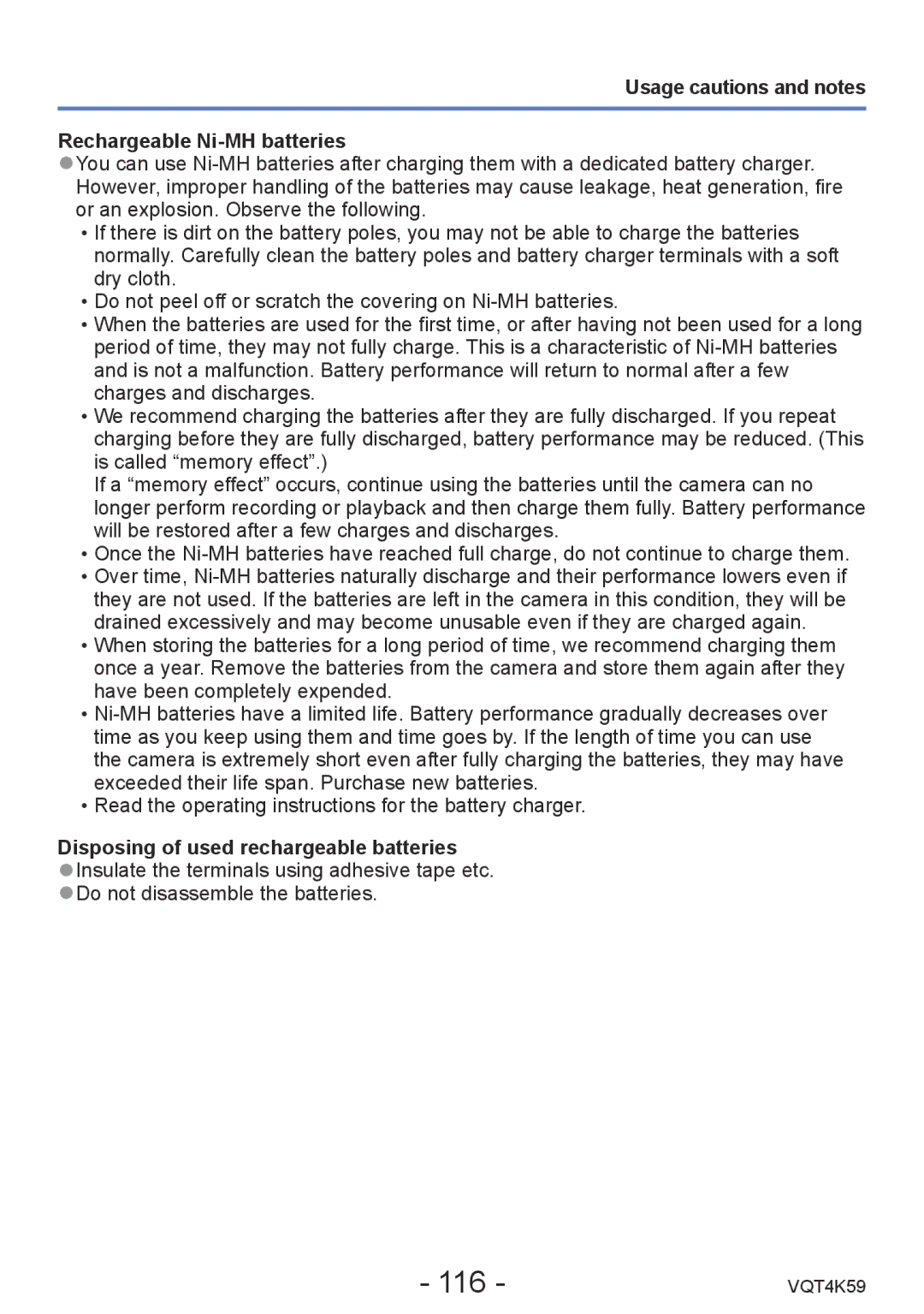 Panasonic DMC-LZ20 116, Usage cautions and notes Rechargeable Ni-MH batteries, Disposing of used rechargeable batteries 