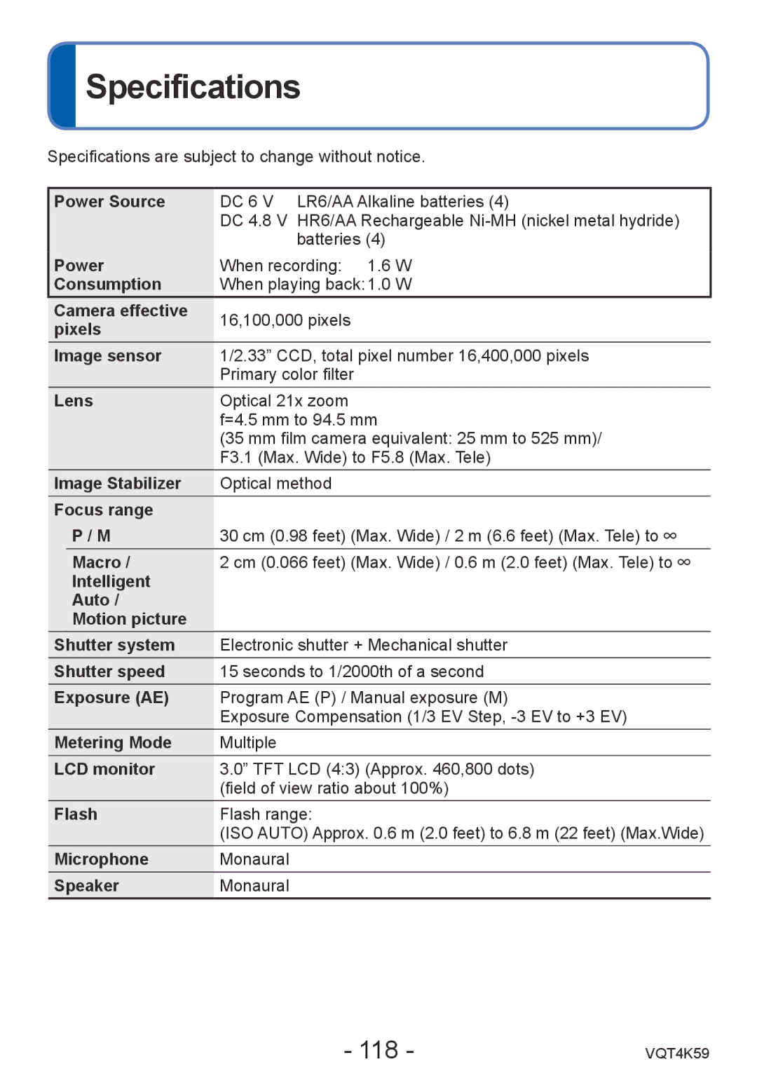 Panasonic DMC-LZ20 owner manual Specifications, 118 