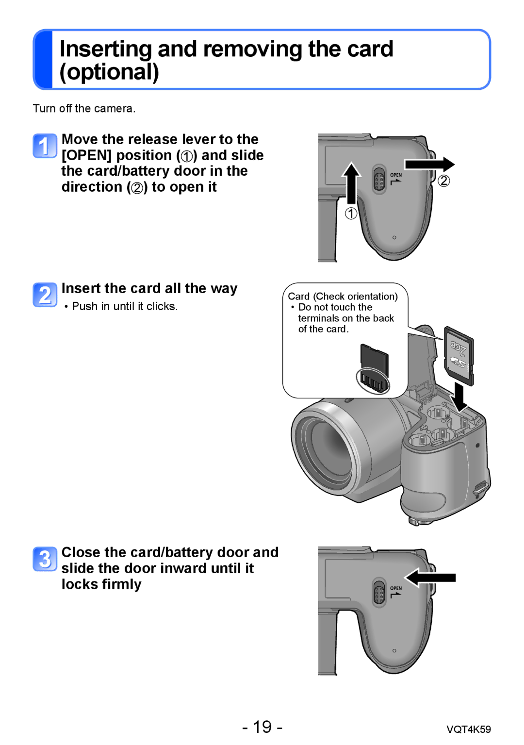 Panasonic DMC-LZ20 owner manual Inserting and removing the card optional 