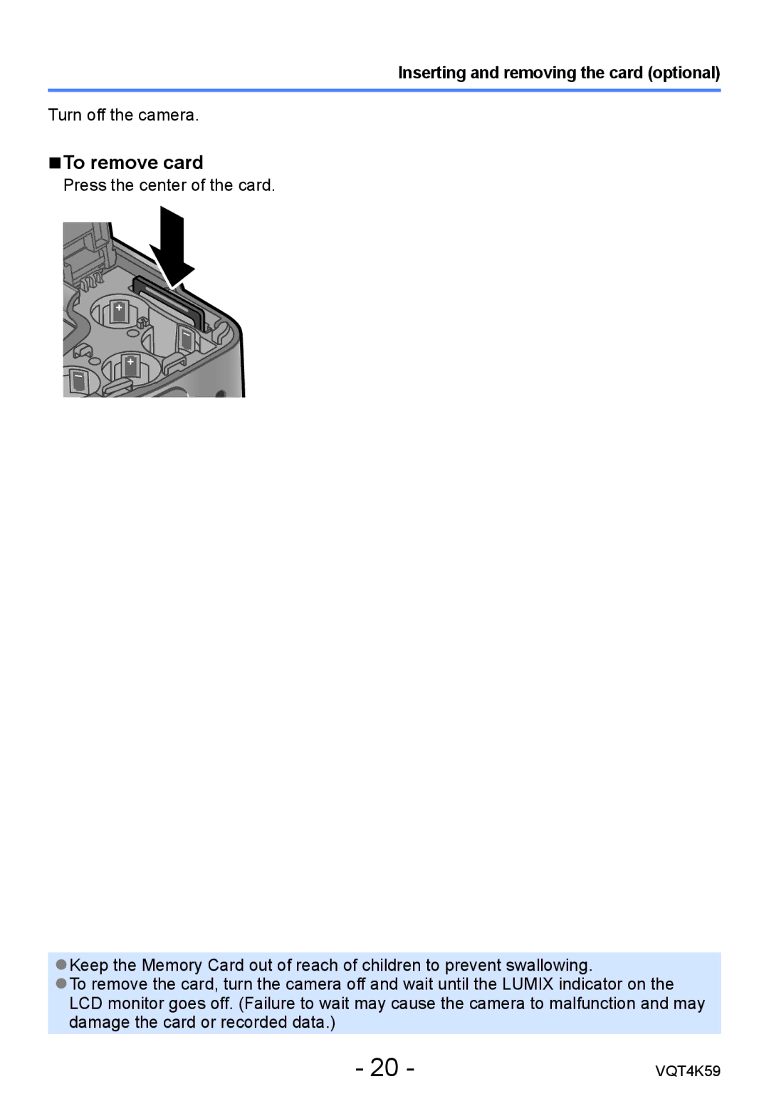 Panasonic DMC-LZ20 owner manual To remove card, Inserting and removing the card optional 