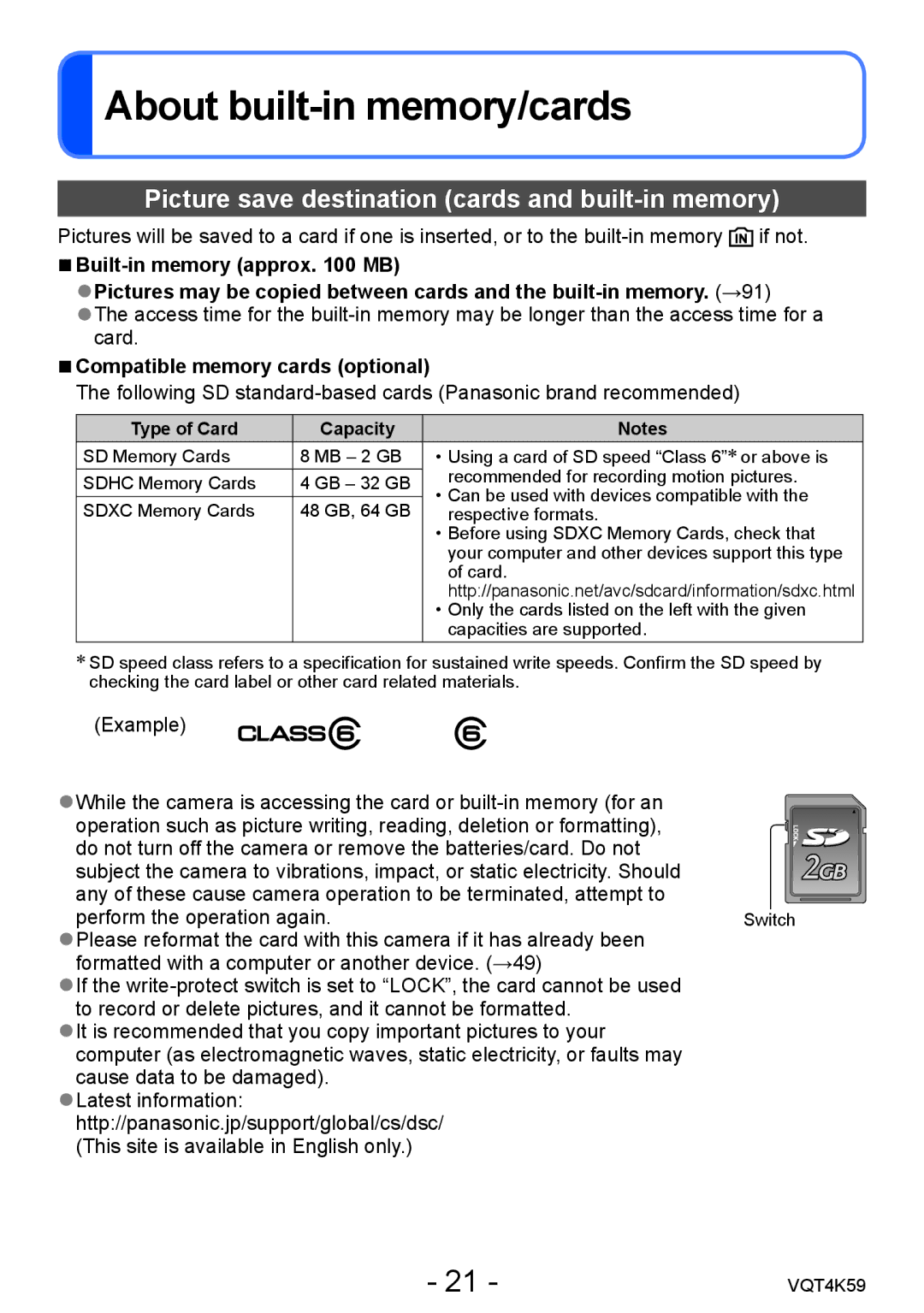 Panasonic DMC-LZ20 owner manual About built-in memory/cards, Picture save destination cards and built-in memory 