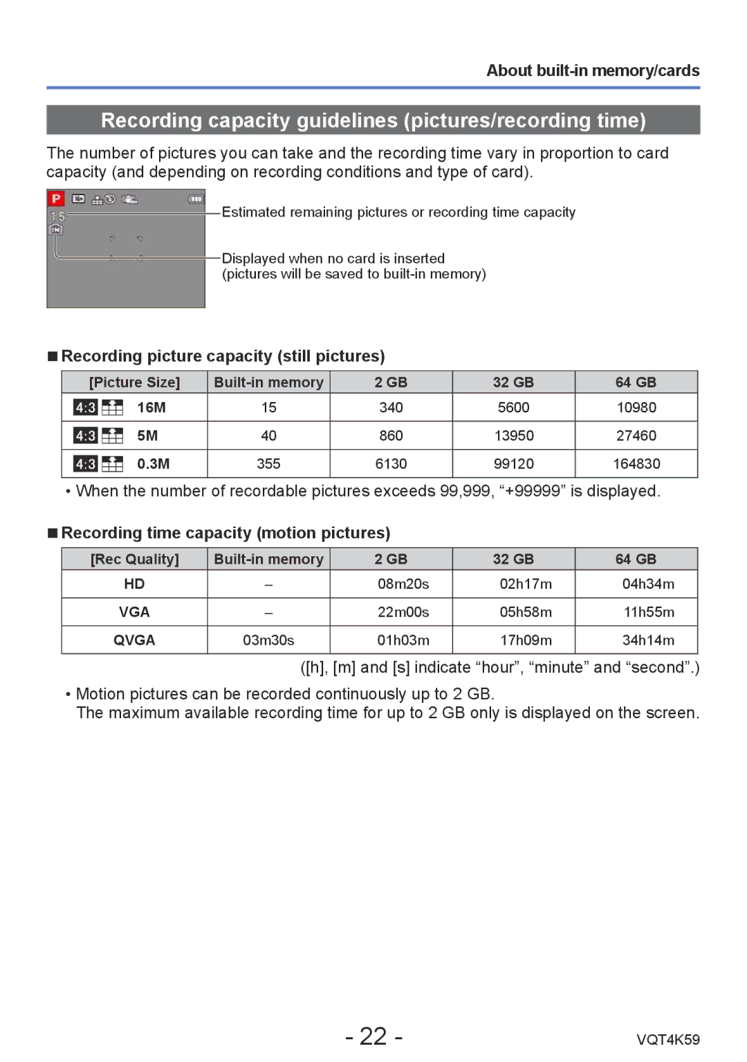 Panasonic DMC-LZ20 owner manual Recording capacity guidelines pictures/recording time, About built-in memory/cards 