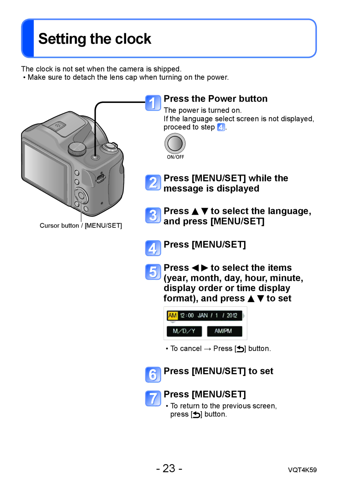 Panasonic DMC-LZ20 owner manual Setting the clock, Press the Power button, Press MENU/SET to set Press MENU/SET 