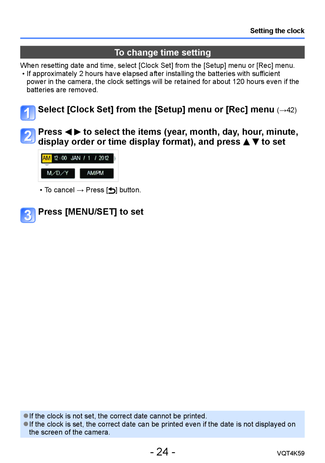 Panasonic DMC-LZ20 owner manual To change time setting, Press MENU/SET to set, Setting the clock 