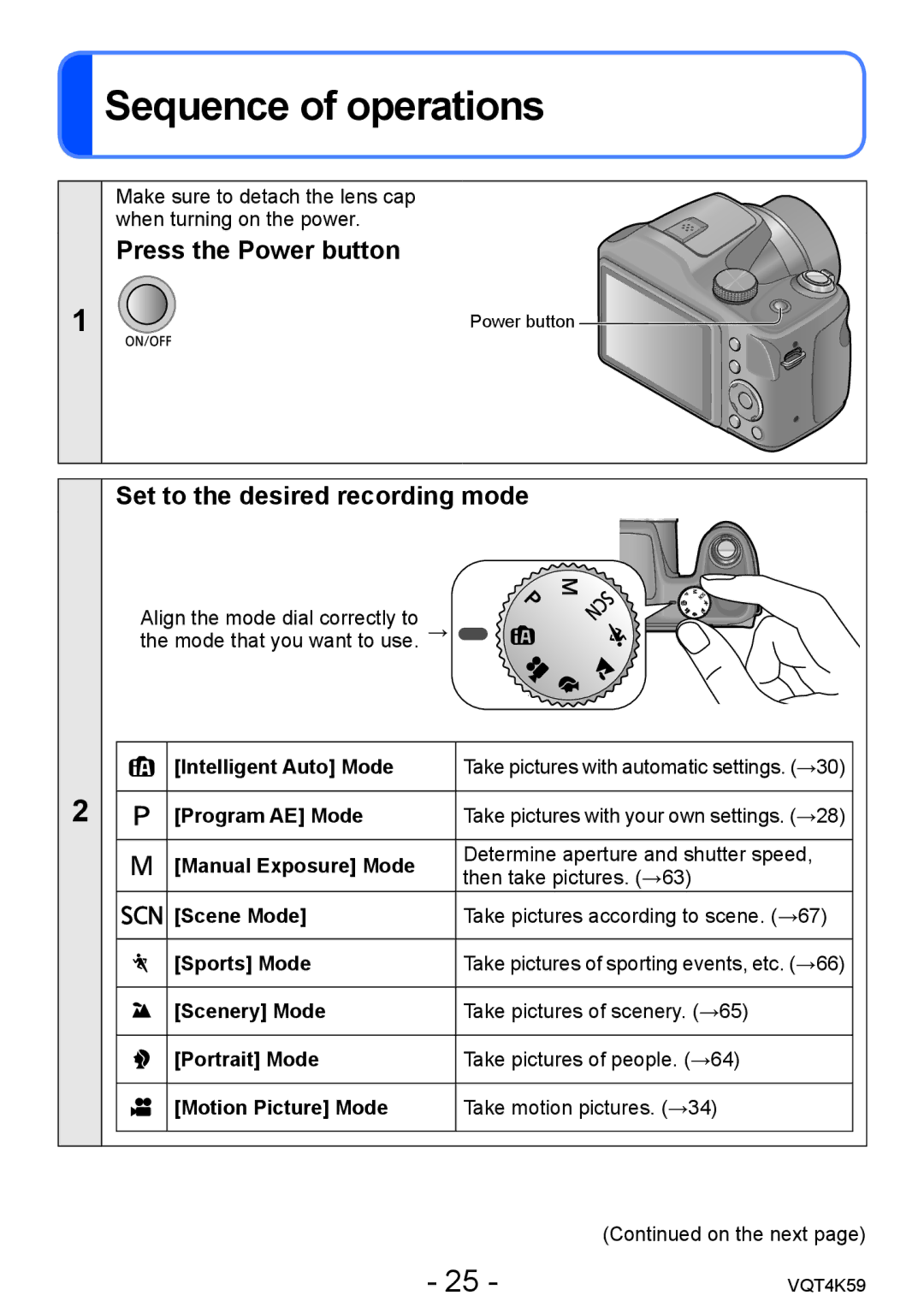 Panasonic DMC-LZ20 Sequence of operations, Set to the desired recording mode, Intelligent Auto Mode, Program AE Mode 