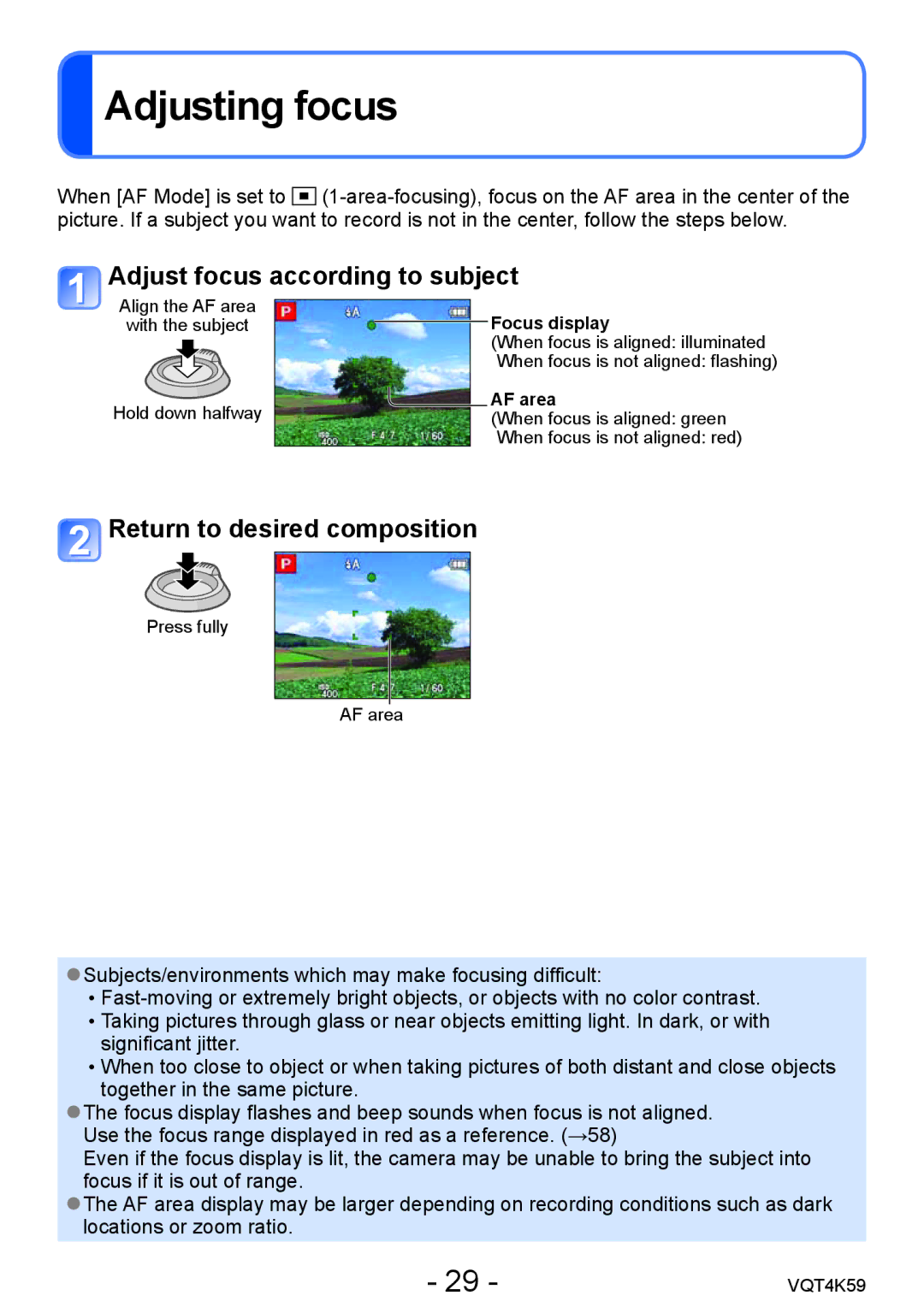 Panasonic DMC-LZ20 owner manual Adjusting focus, Adjust focus according to subject, Return to desired composition 