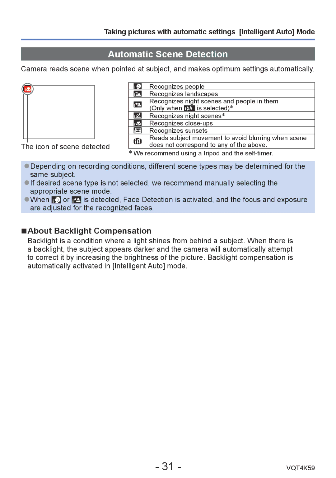 Panasonic DMC-LZ20 owner manual Automatic Scene Detection, About Backlight Compensation 