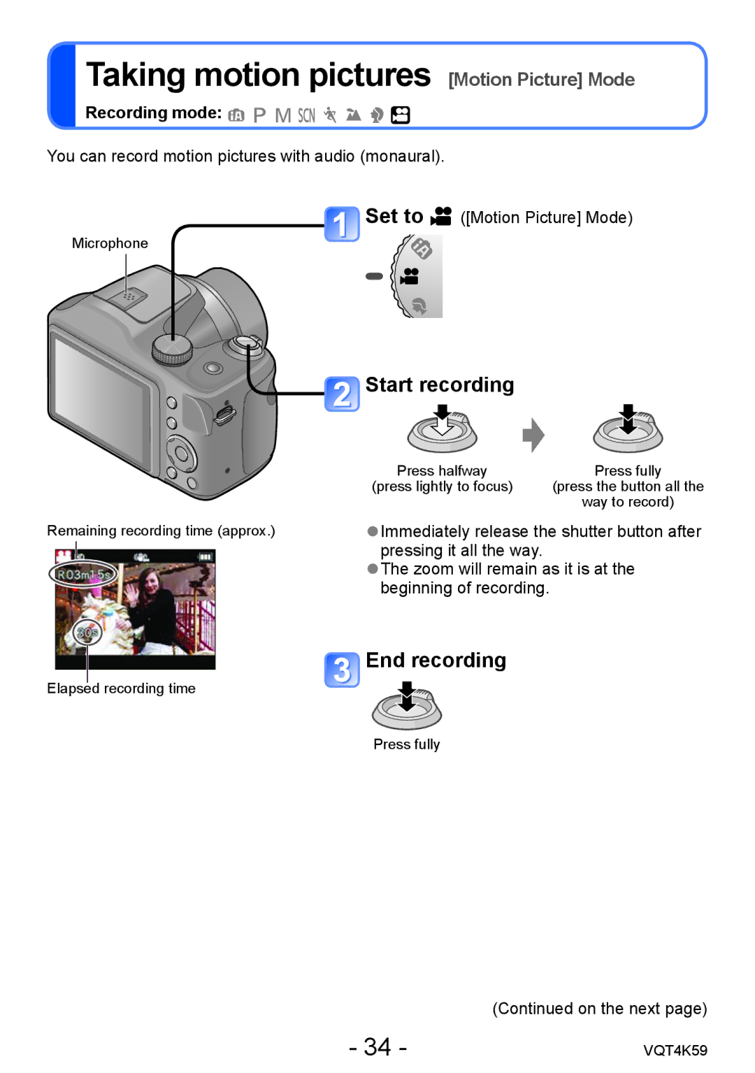 Panasonic DMC-LZ20 owner manual Taking motion pictures Motion Picture Mode, Start recording, End recording 