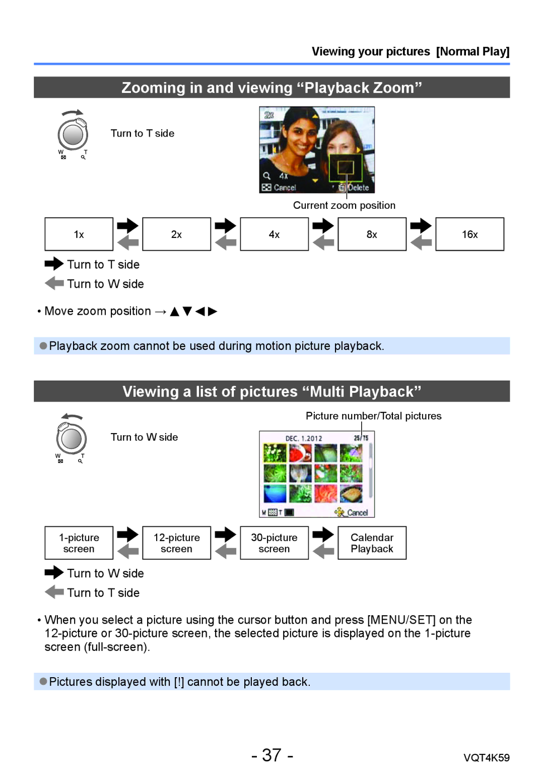 Panasonic DMC-LZ20 owner manual Zooming in and viewing Playback Zoom, Viewing a list of pictures Multi Playback 