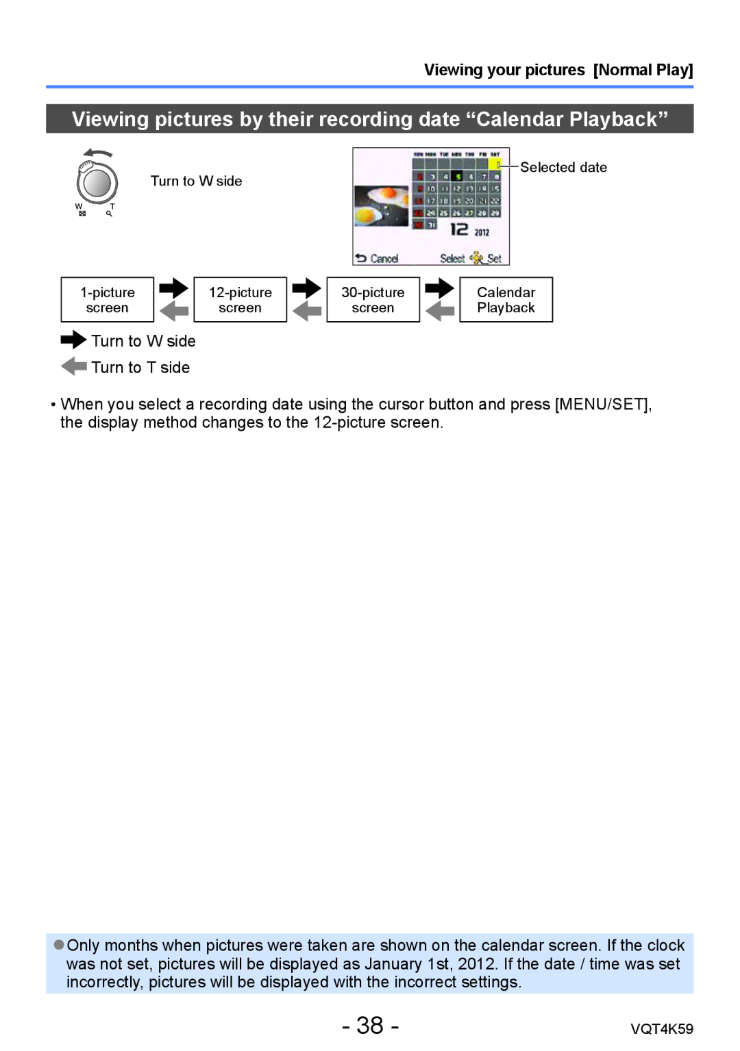 Panasonic DMC-LZ20 owner manual Viewing pictures by their recording date Calendar Playback 