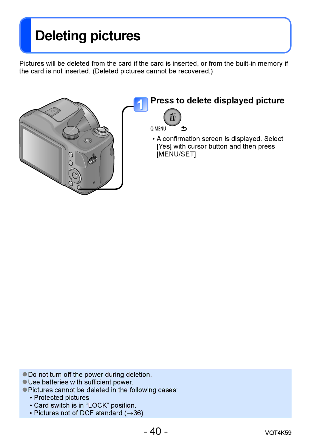 Panasonic DMC-LZ20 owner manual Deleting pictures, Press to delete displayed picture 