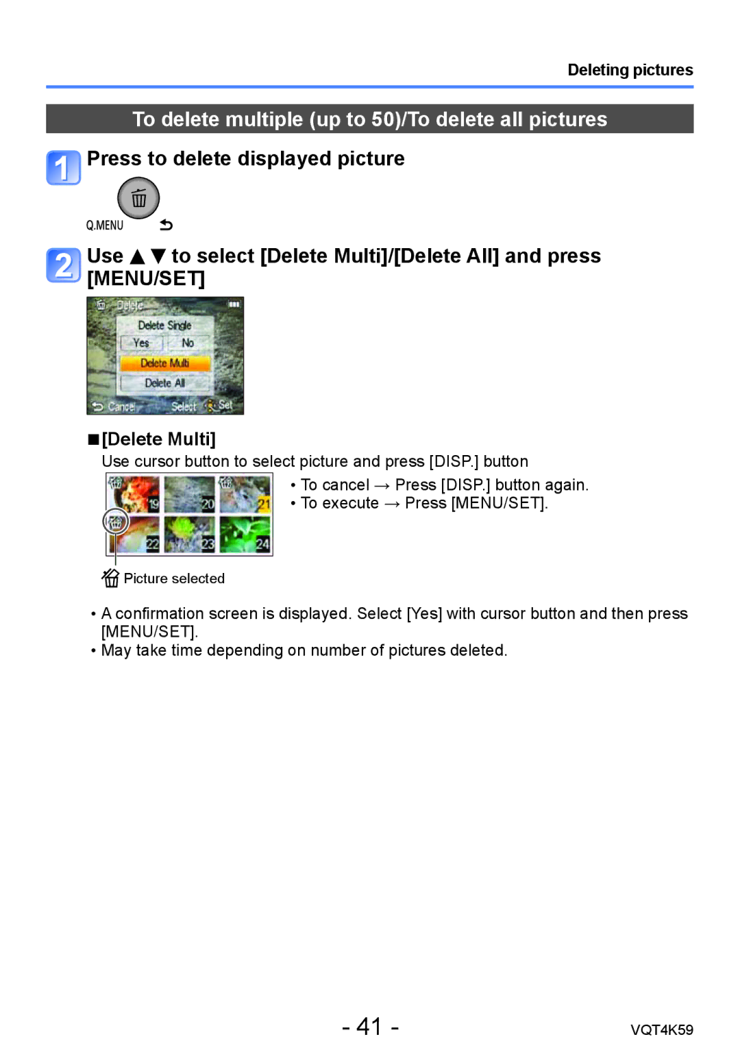Panasonic DMC-LZ20 owner manual Use to select Delete Multi/Delete All and press MENU/SET, Deleting pictures 