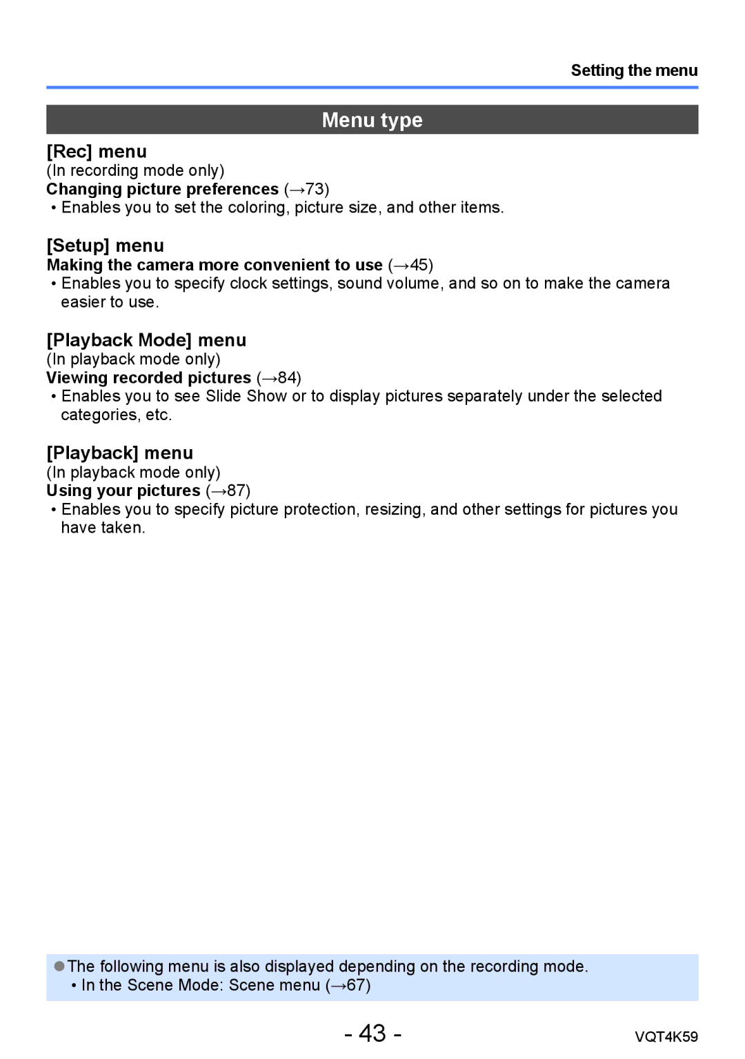 Panasonic DMC-LZ20 owner manual Menu type, Rec menu, Setup menu, Playback Mode menu, Playback menu 