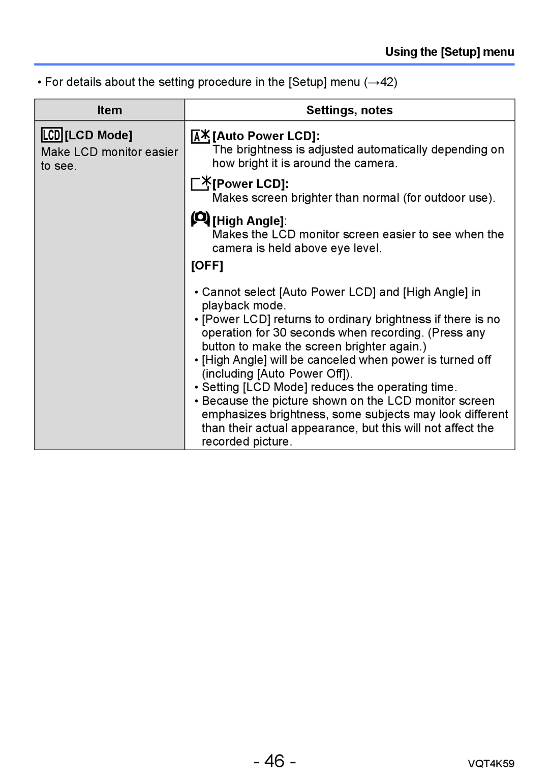 Panasonic DMC-LZ20 owner manual Settings, notes, LCD Mode Auto Power LCD, High Angle, Using the Setup menu 