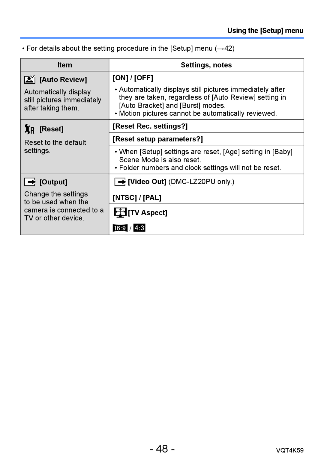 Panasonic DMC-LZ20 Auto Review On / OFF, Reset Reset Rec. settings?, Reset setup parameters?, Output, Ntsc / PAL 