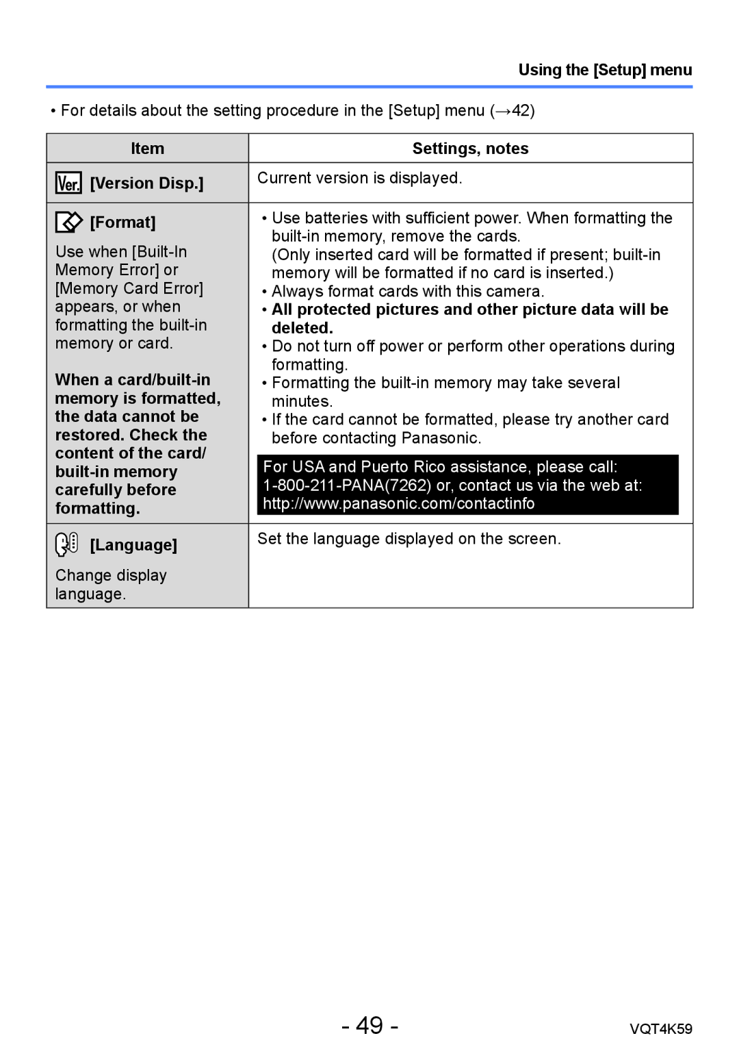 Panasonic DMC-LZ20 owner manual Version Disp, Format, Deleted, When a card/built-in, Memory is formatted, Data cannot be 