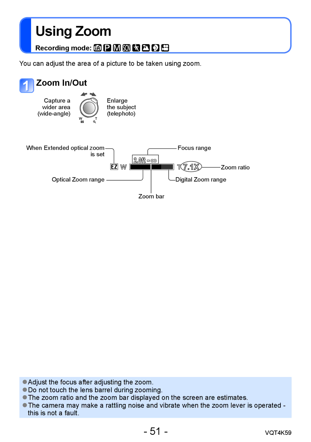 Panasonic DMC-LZ20 owner manual Using Zoom, Zoom In/Out 