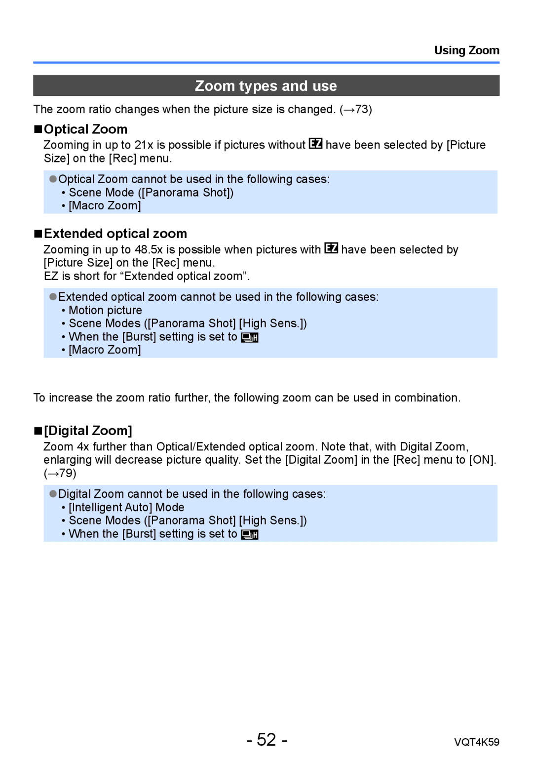 Panasonic DMC-LZ20 owner manual Zoom types and use, Optical Zoom, Extended optical zoom, Digital Zoom, Using Zoom 