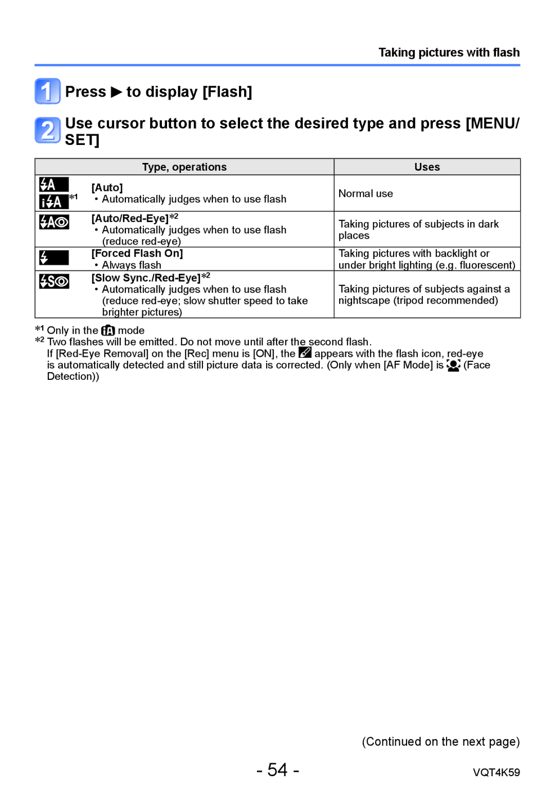 Panasonic DMC-LZ20 owner manual Taking pictures with flash, Auto/Red-Eye∗2 