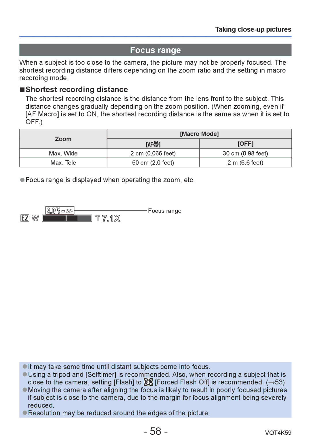 Panasonic DMC-LZ20 owner manual Focus range, Shortest recording distance, Taking close-up pictures 