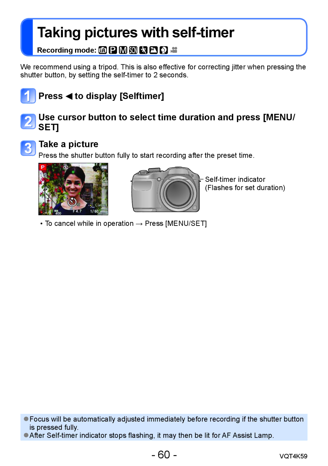 Panasonic DMC-LZ20 owner manual Taking pictures with self-timer, Recording mode 