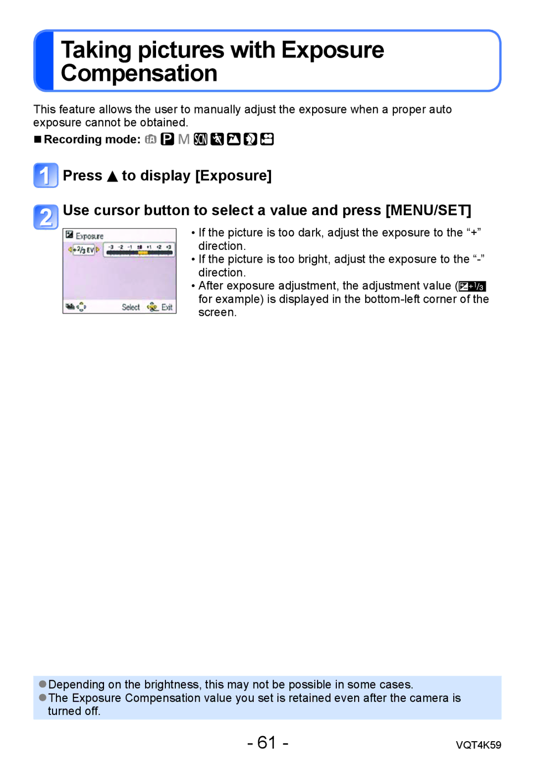 Panasonic DMC-LZ20 owner manual Taking pictures with Exposure Compensation 