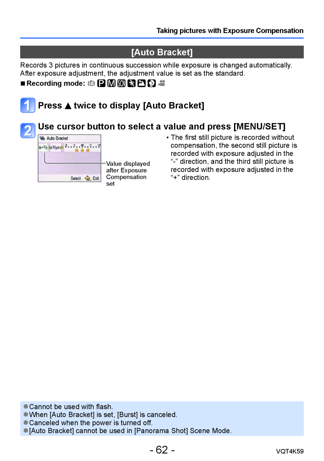 Panasonic DMC-LZ20 owner manual Auto Bracket, Taking pictures with Exposure Compensation 