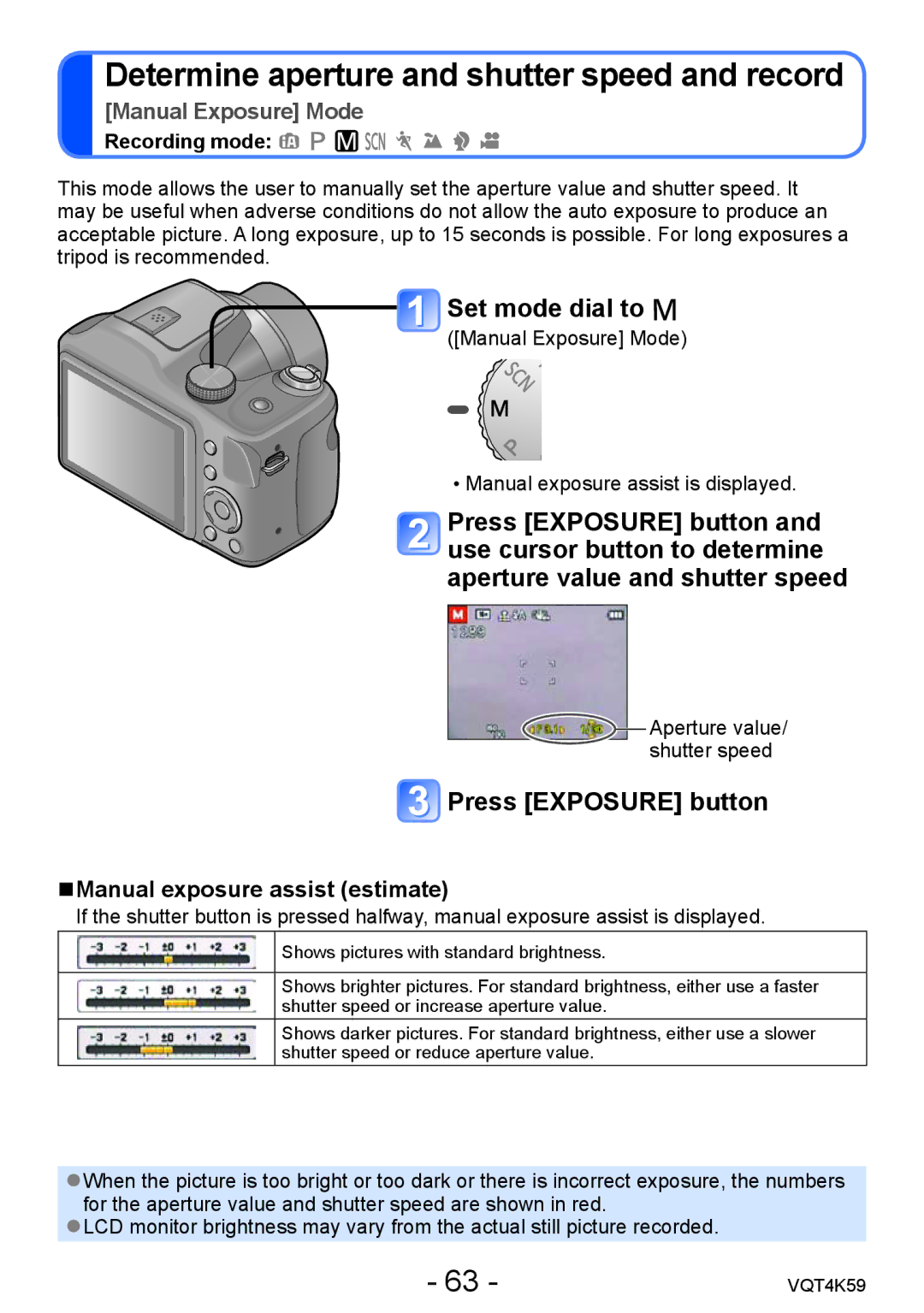 Panasonic DMC-LZ20 owner manual Set mode dial to, Press Exposure button, Manual exposure assist estimate 