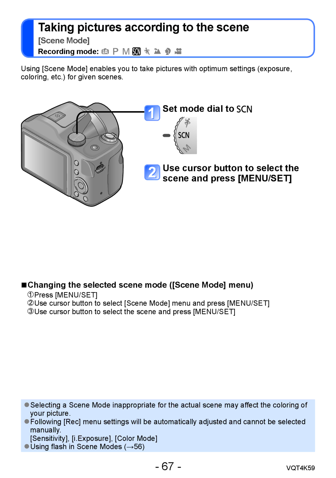 Panasonic DMC-LZ20 owner manual Taking pictures according to the scene, Changing the selected scene mode Scene Mode menu 