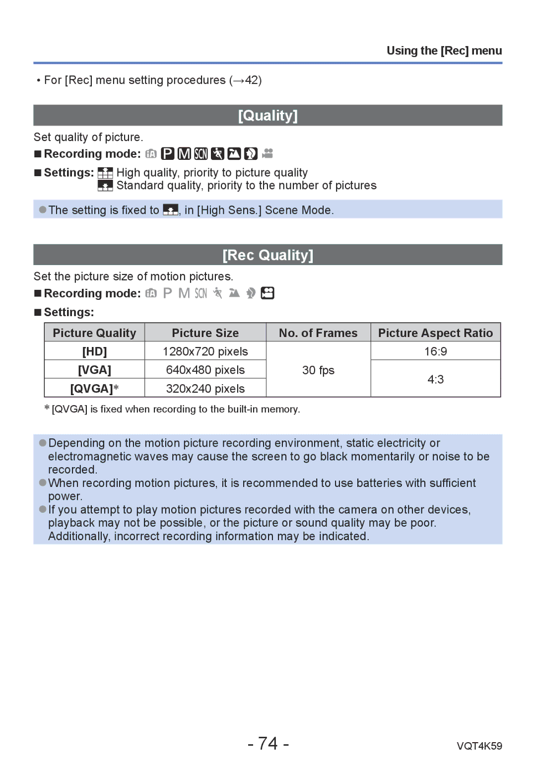 Panasonic DMC-LZ20 owner manual Rec Quality, Using the Rec menu, 169 