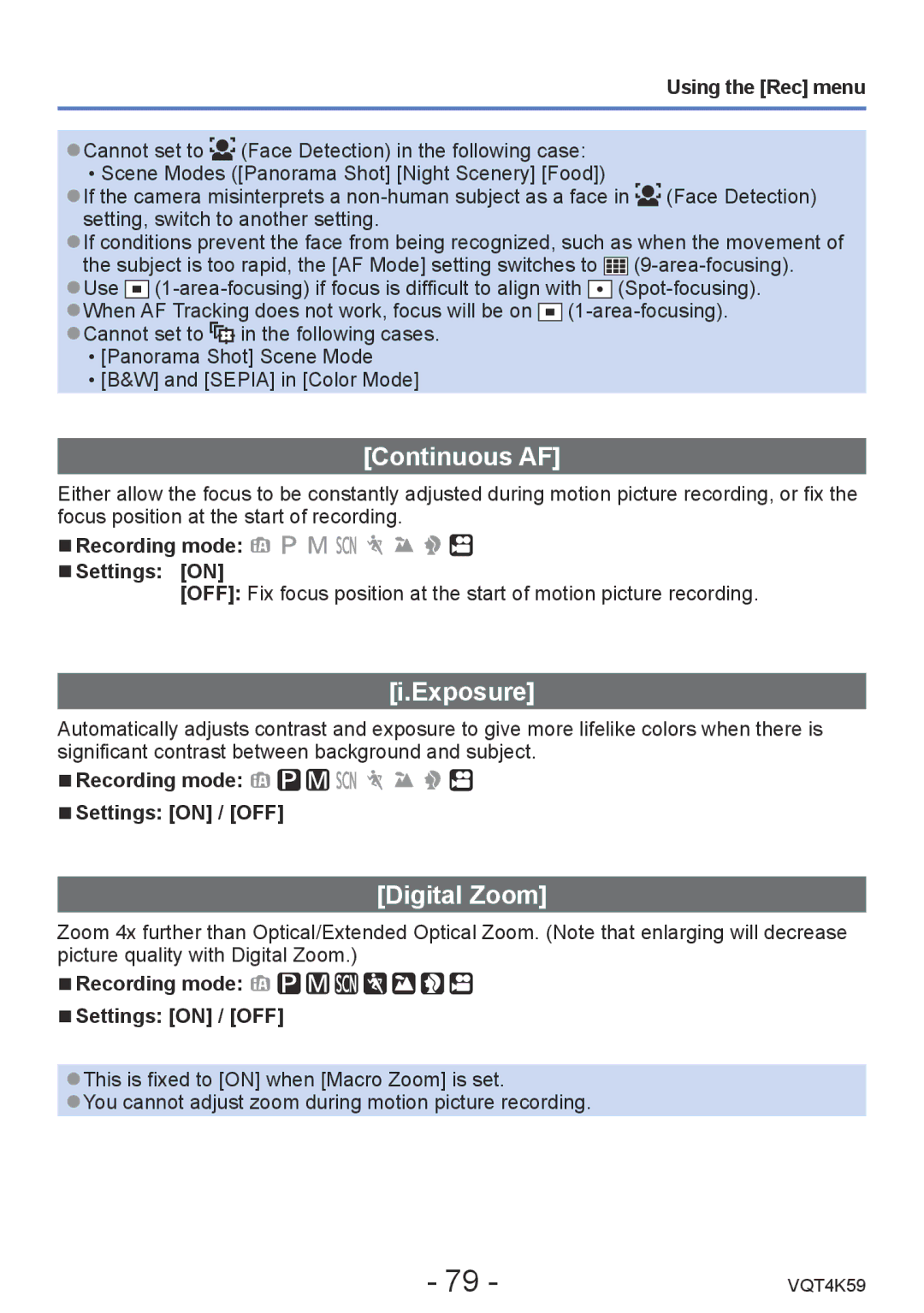 Panasonic DMC-LZ20 owner manual Continuous AF, Exposure, Digital Zoom, Recording mode Settings on / OFF 