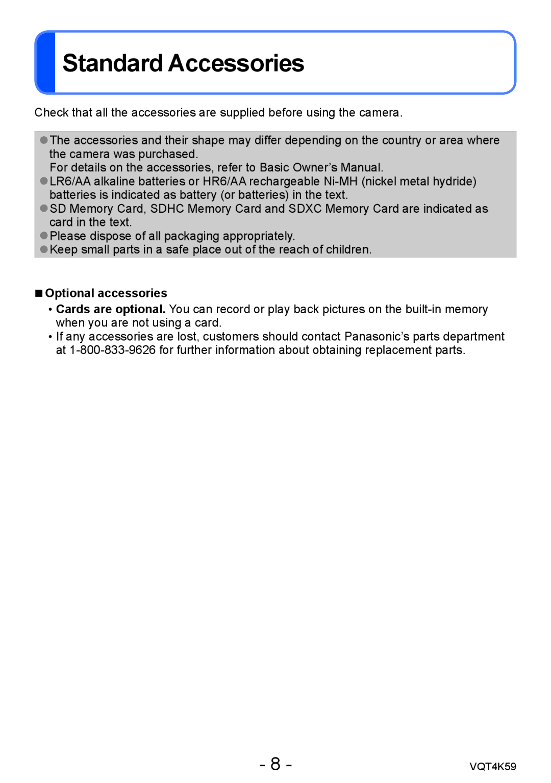 Panasonic DMC-LZ20 owner manual Standard Accessories, Optional accessories 