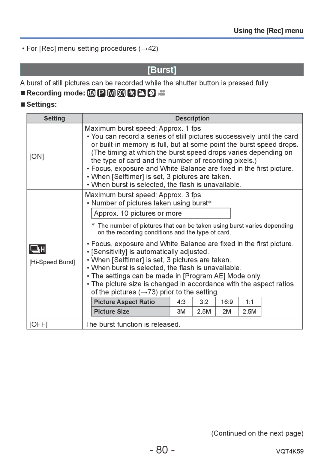 Panasonic DMC-LZ20 owner manual Burst 