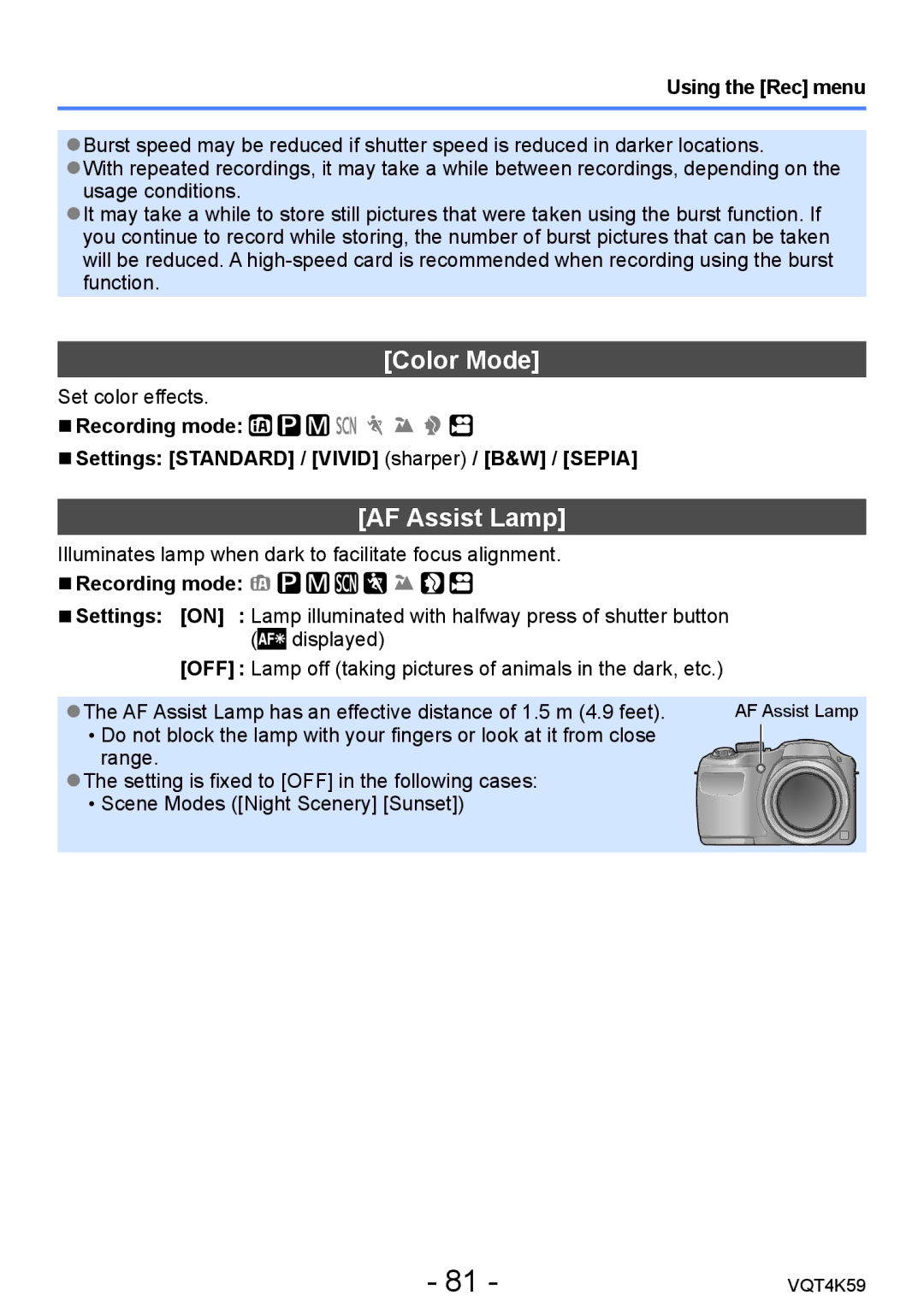 Panasonic DMC-LZ20 owner manual Color Mode, AF Assist Lamp 