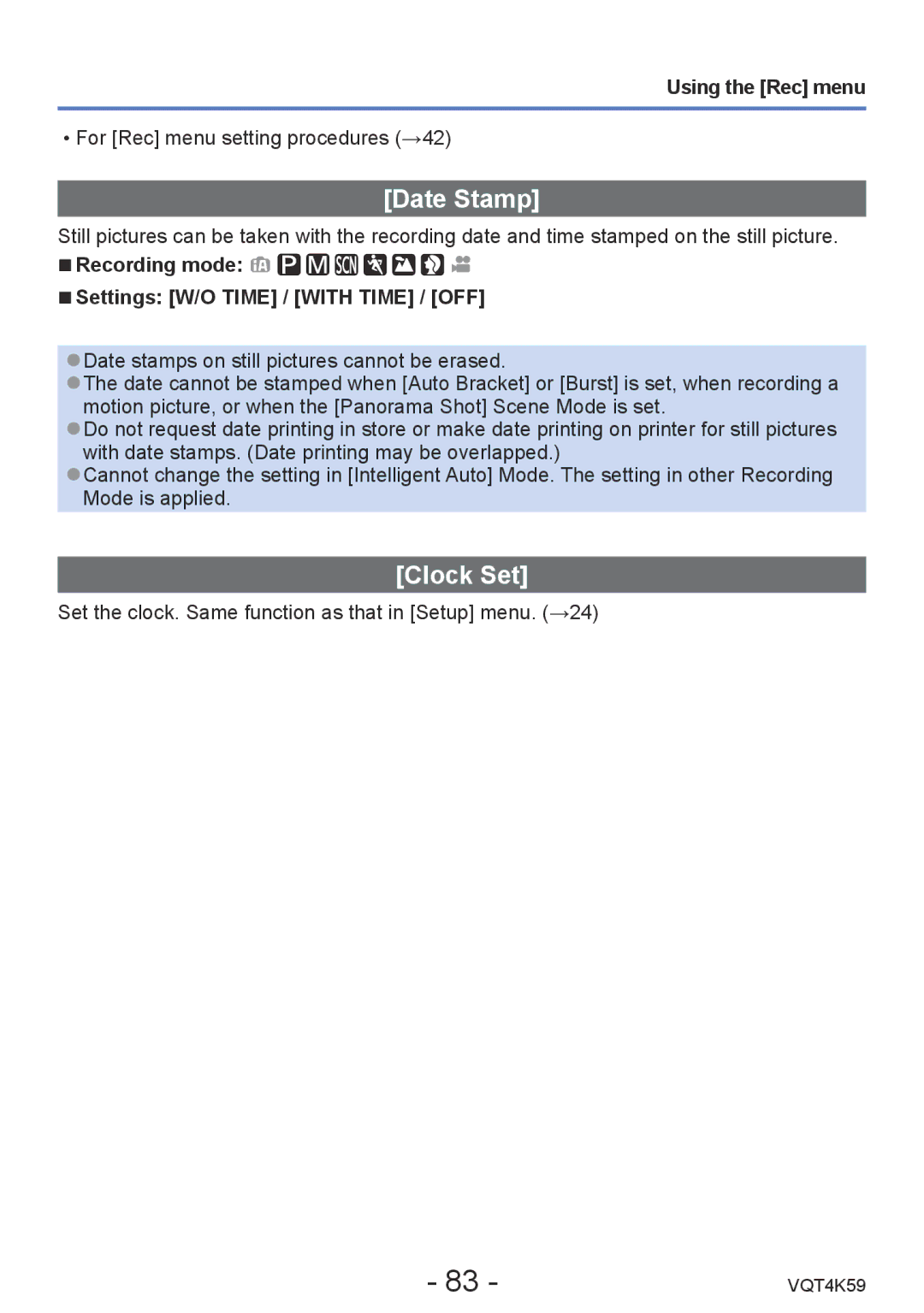 Panasonic DMC-LZ20 owner manual Date Stamp, Clock Set, Recording mode Settings W/O Time / with Time / OFF 