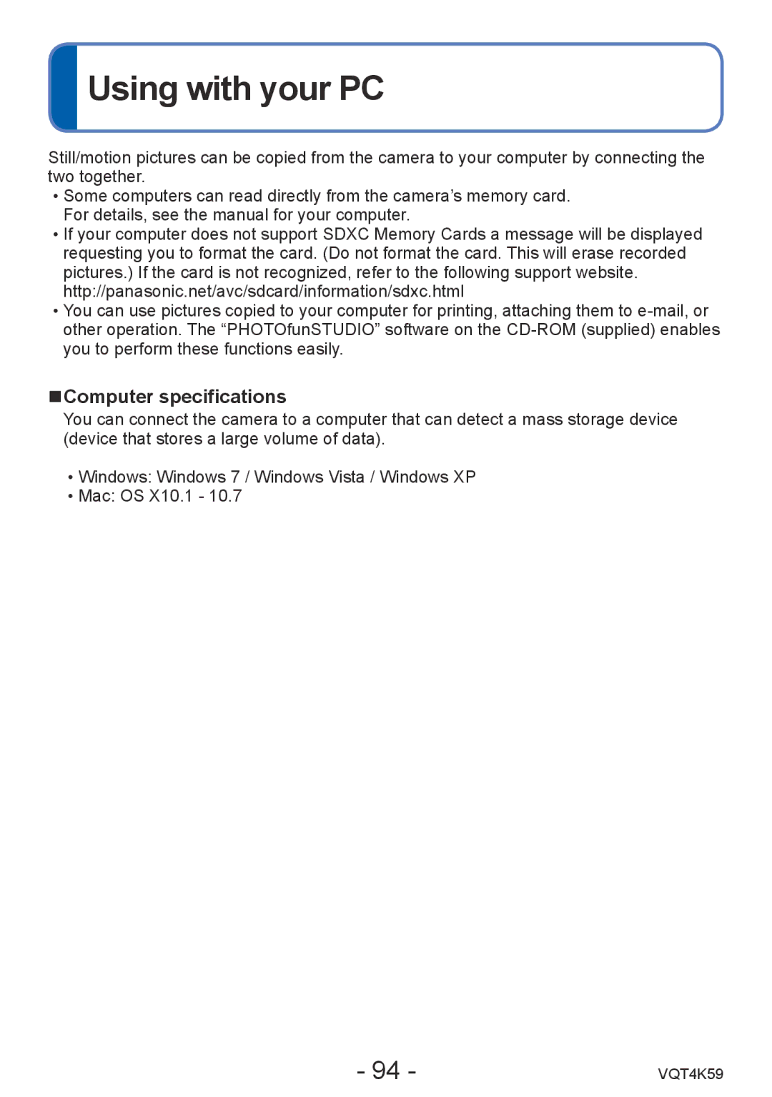 Panasonic DMC-LZ20 owner manual Using with your PC, Computer specifications 