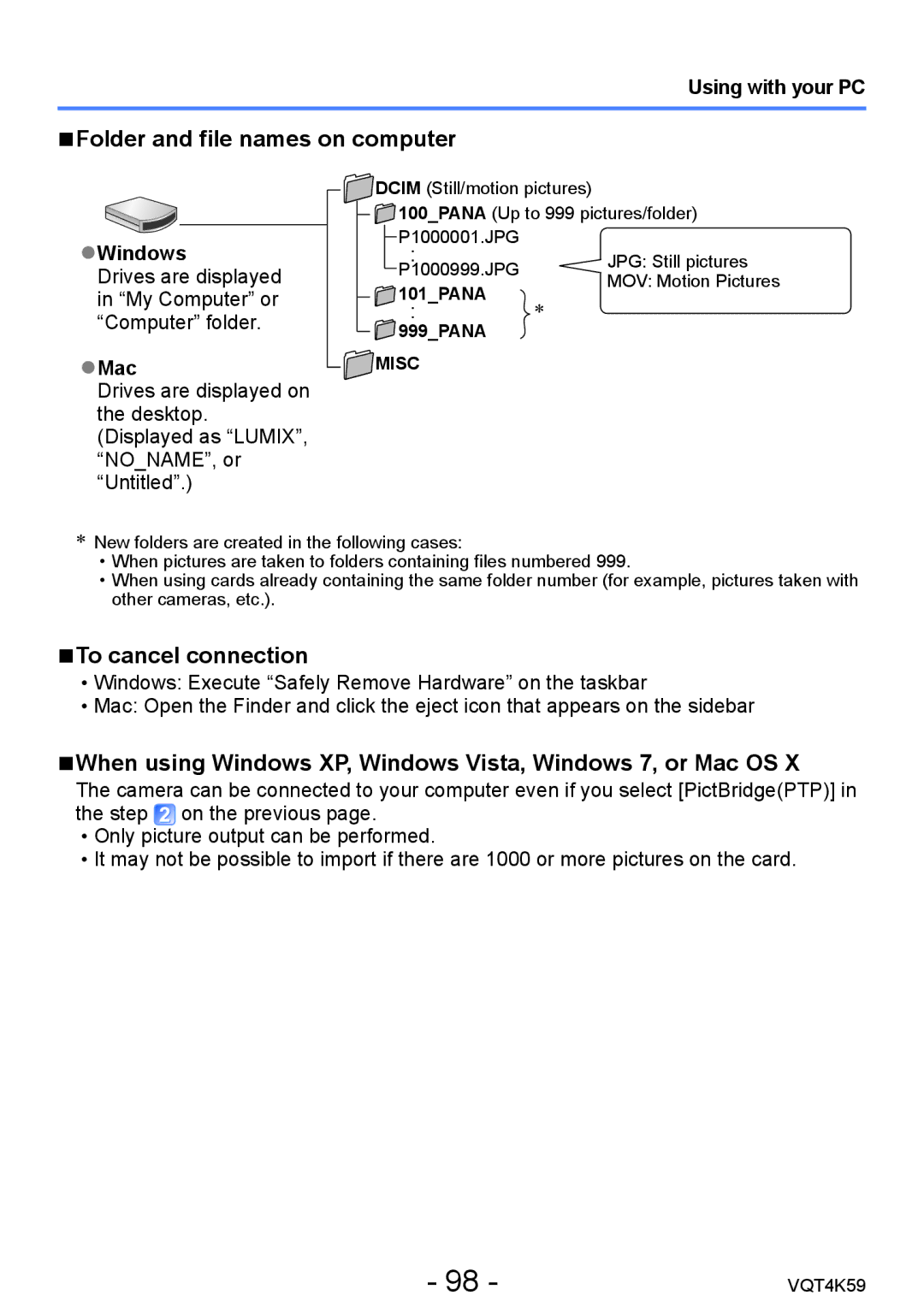 Panasonic DMC-LZ20 owner manual Folder and file names on computer, To cancel connection, Windows, Mac 