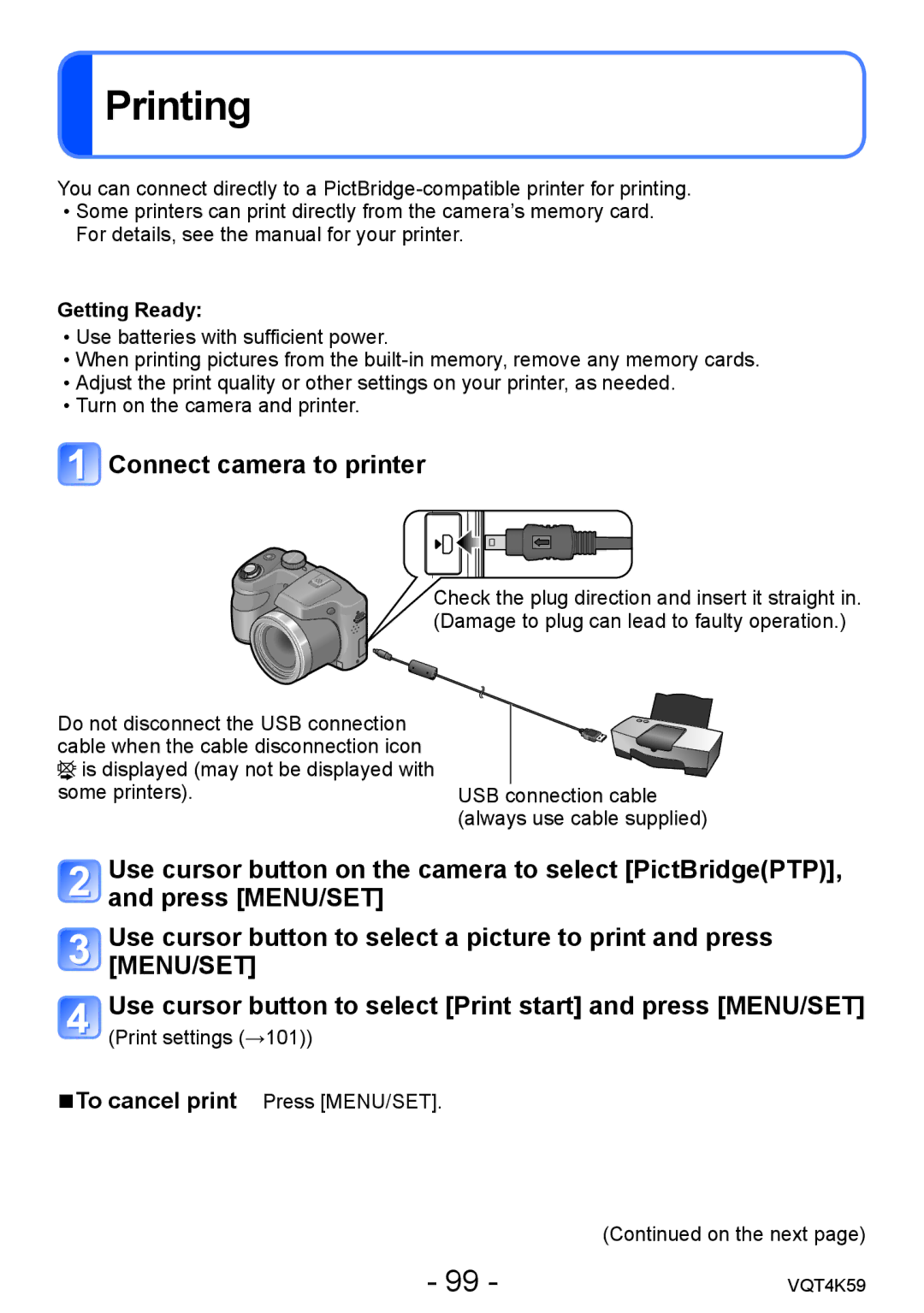 Panasonic DMC-LZ20 owner manual Printing, Connect camera to printer 