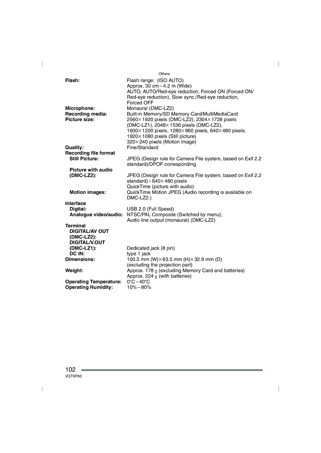 Panasonic DMC-LZ2GN Flash, Microphone, Recording media, Picture size, Quality, Recording file format Still Picture, Weight 