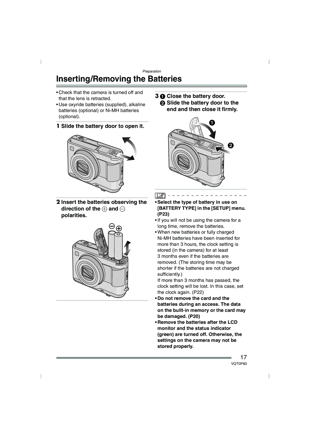 Panasonic DMC-LZ1GN, DMC-LZ2GN operating instructions Inserting/Removing the Batteries 