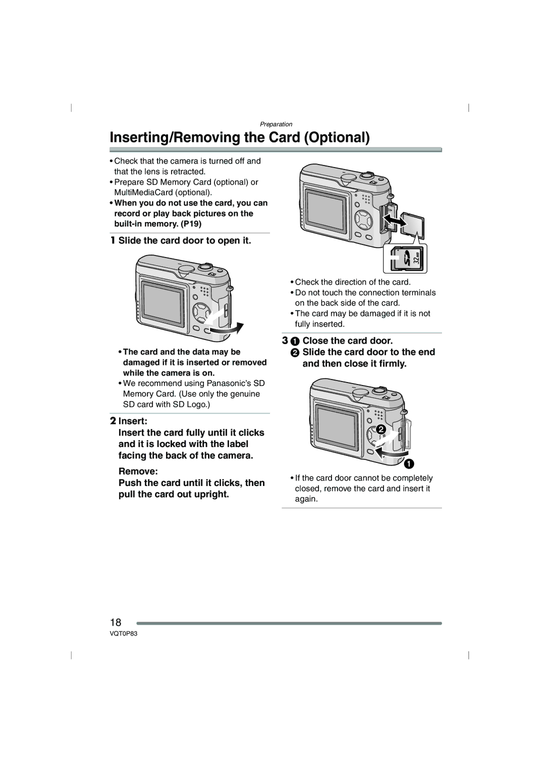 Panasonic DMC-LZ2GN, DMC-LZ1GN operating instructions Inserting/Removing the Card Optional, Slide the card door to open it 