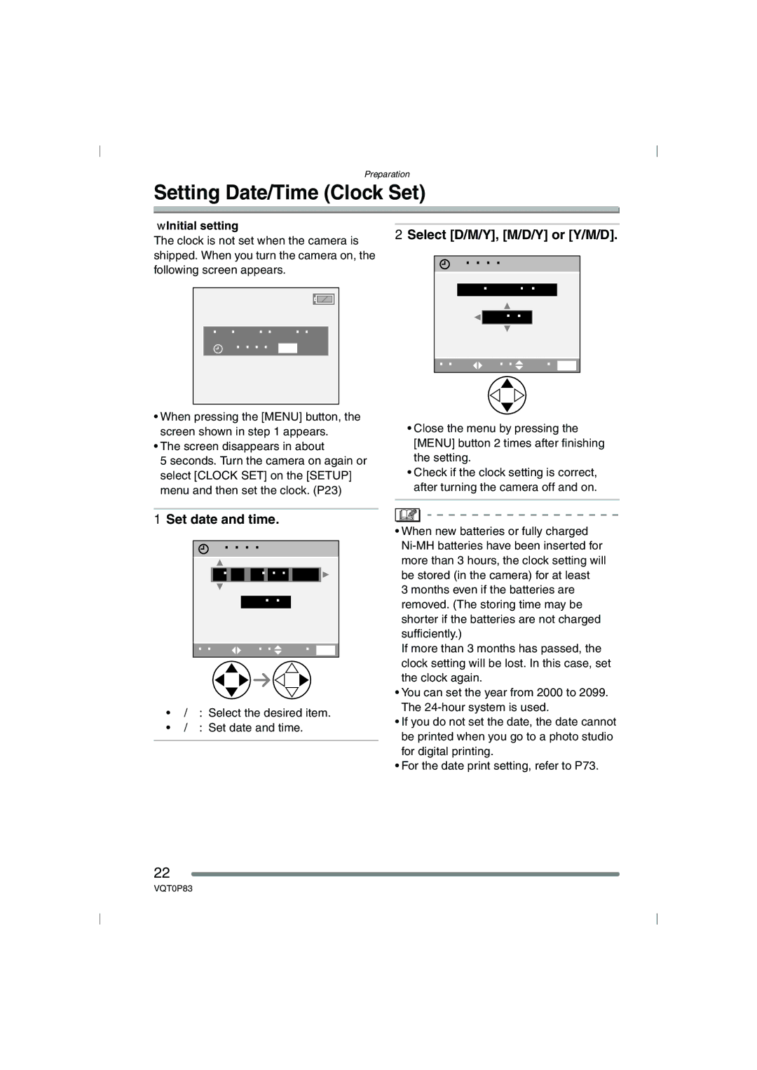 Panasonic DMC-LZ2GN Setting Date/Time Clock Set, Select D/M/Y, M/D/Y or Y/M/D, Set date and time, Initial setting 