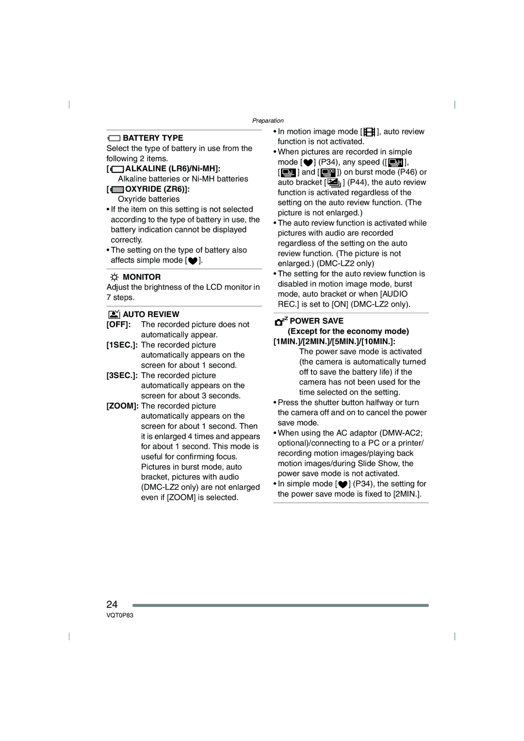 Panasonic DMC-LZ2GN, DMC-LZ1GN operating instructions Battery Type, Alkaline LR6/Ni-MH 