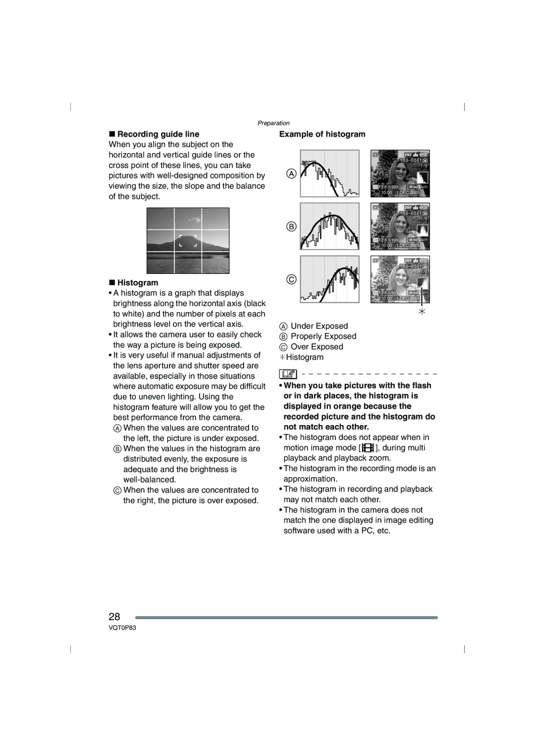 Panasonic DMC-LZ2GN, DMC-LZ1GN operating instructions Recording guide line, Histogram, Example of histogram 