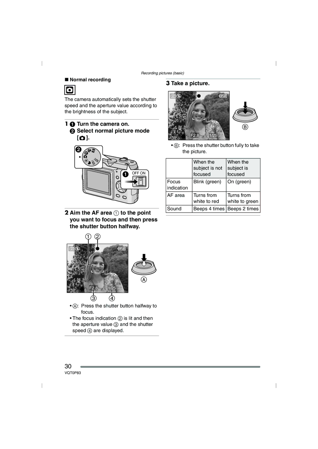 Panasonic DMC-LZ2GN, DMC-LZ1GN Take a picture, Turn the camera on Select normal picture mode, Normal recording 