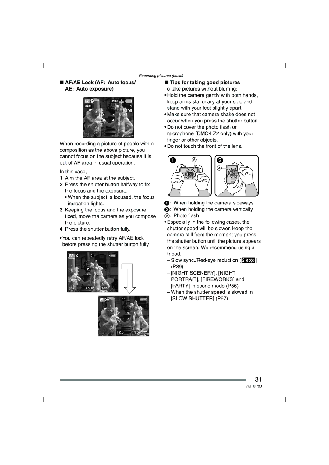 Panasonic DMC-LZ1GN, DMC-LZ2GN operating instructions AF/AE Lock AF Auto focus AE Auto exposure 